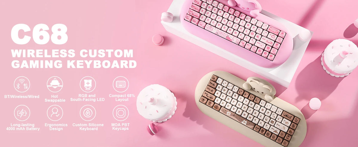 YUNZII C68 Wireless Gaming Keyboard, 65% Hot Swappable Mechanical Keyboard with RGB Backlit, Tri-Mode Bluetooth Gaming Keyboard, Cute Cat Ergonomic Keyboard