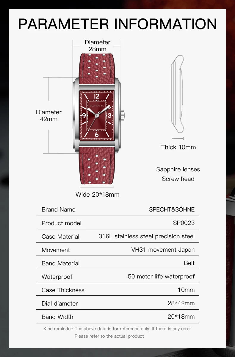 2025 New High Quaity 27MM Specht & Söhne Square Men's Watch Sweep VH31 Movt Steel Reloj Hombre Sapphire Crystal Waterproof