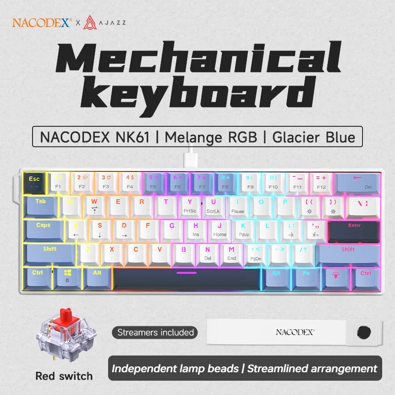 AJAZZ NK61 Wired 61-Key Gaming Mechanical Keyboard 60% RGB Lighting Hot-Swappable Red Switches 61 Keys Suitable for Gamers