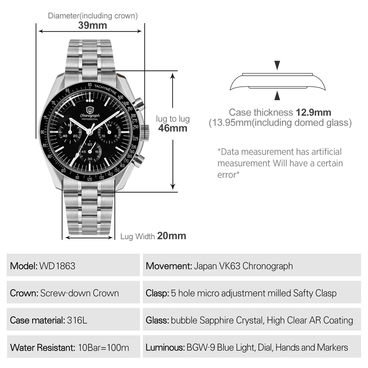 Watchdives WD1863 39mm VK63 Chronograph Watch Vintage Stainless Steel Sapphire OTF Clasp Waterproof Luminous Watches for Men
