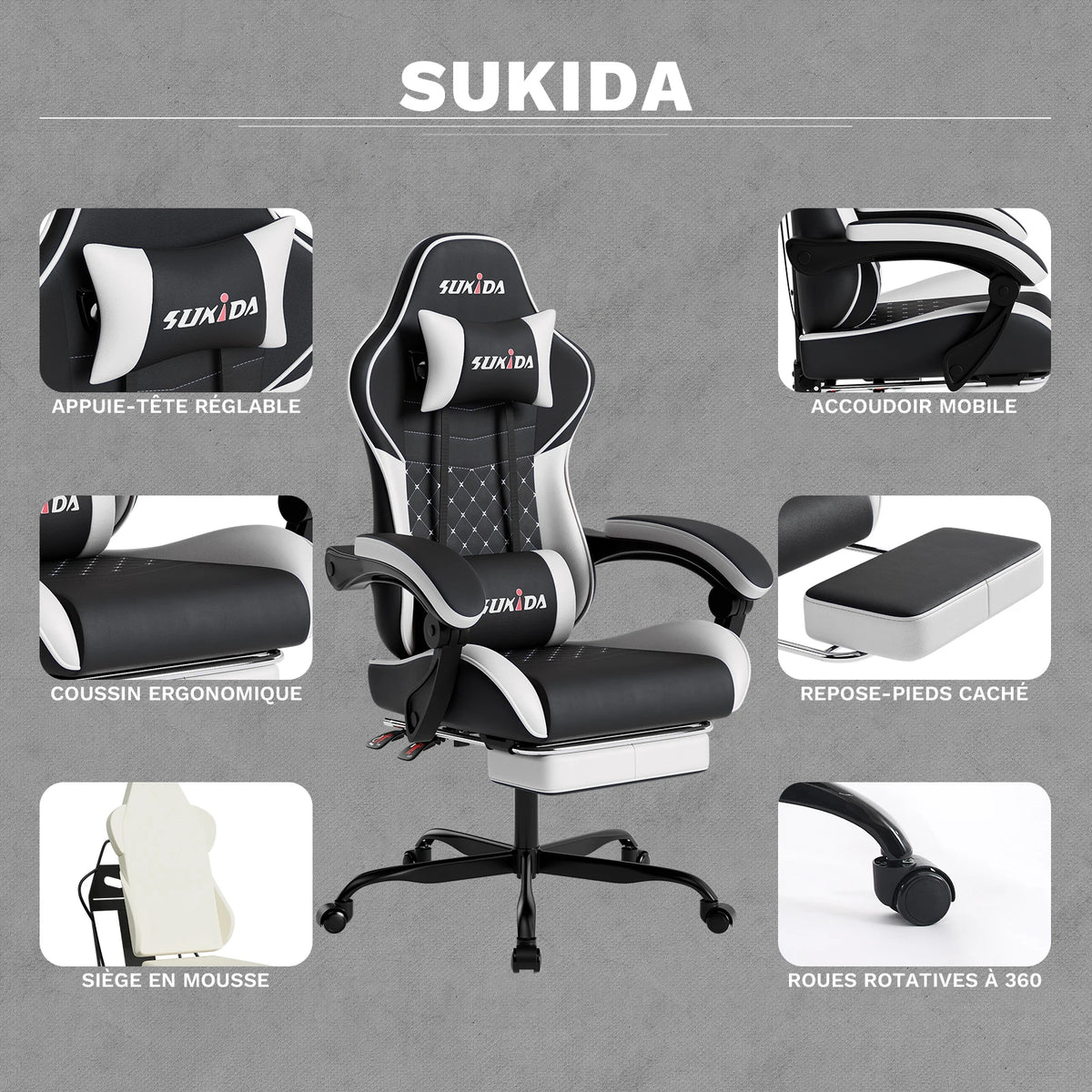 SUKIDA Ergonomic Gaming Chair with Footrest, Lumbar Support Computer Chair, Comfortable Office Chair with Adjustable Reclining Backrest