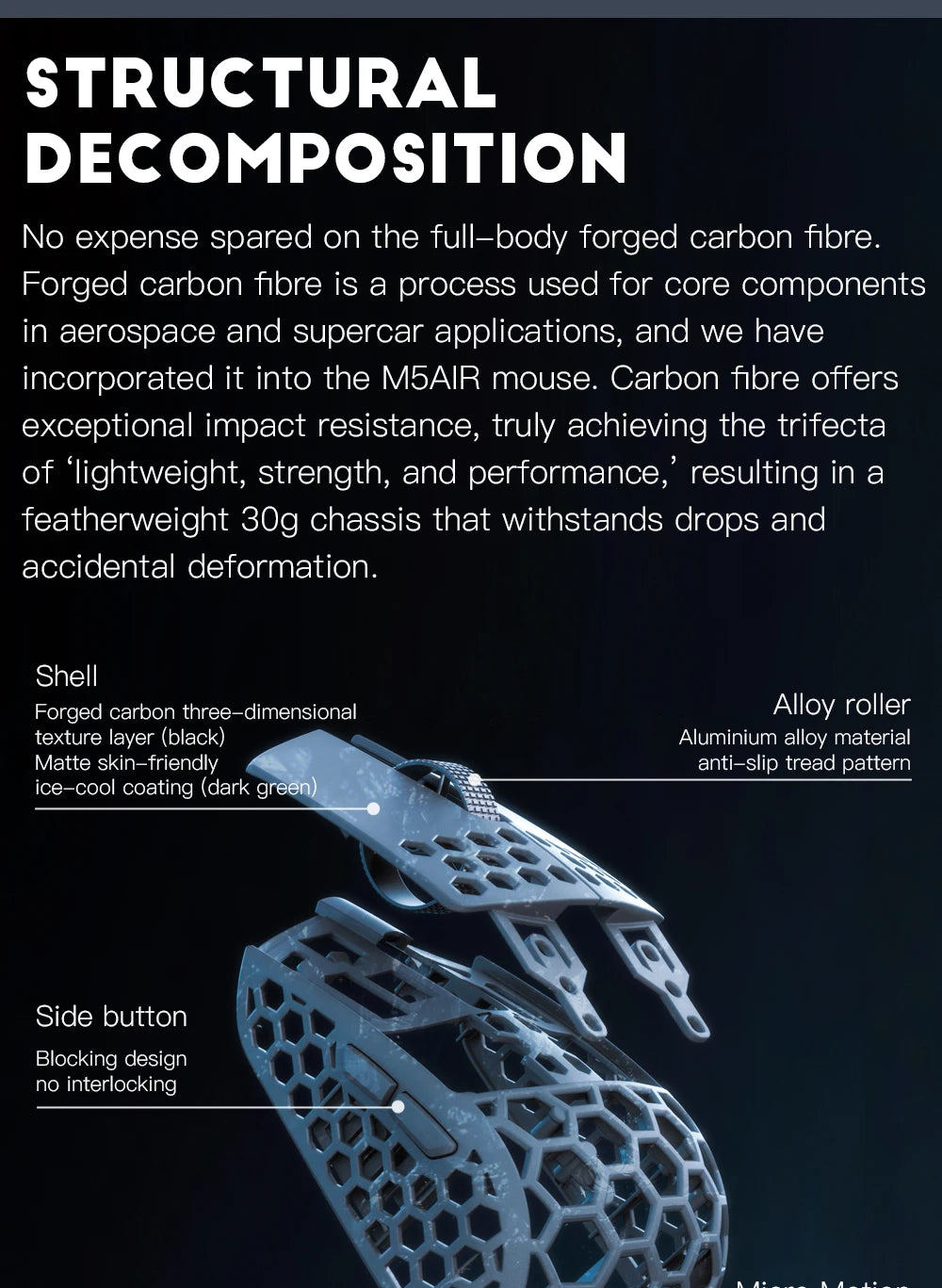 Mouse gaming wireless Darmoshark M5Air in fibra di carbonio forgiata 8K PAW3950 30K DPI per mani piccole, presa fingertip, macro di gioco, ultraleggero