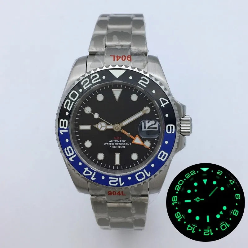 BLIGER 40mm NH34 GMT Watch For Men Mechanical Wristwatch Luminous Bezel Sapphire Glass Stainless Steel Bracelet Reloj Hombre