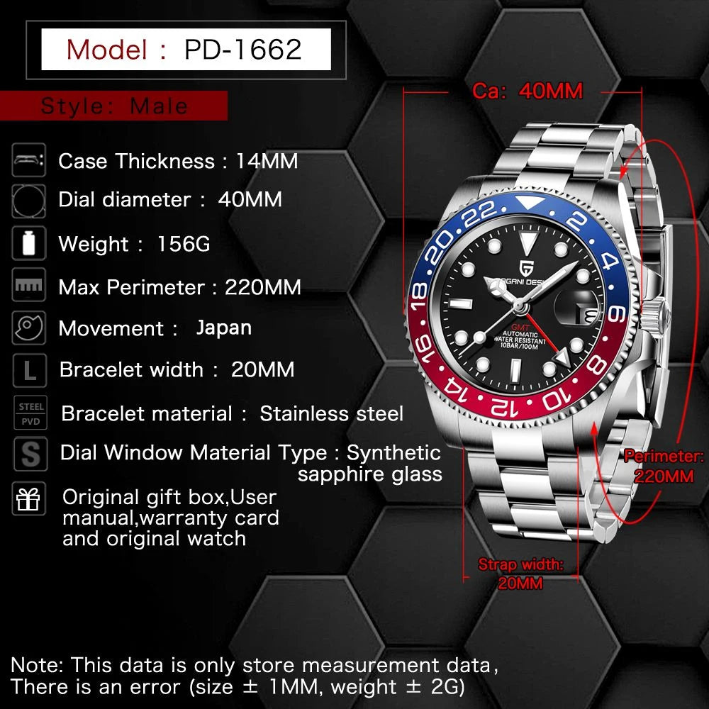 PAGANI DESIGN V3 PD-1662 GMT Watches Men's Luxury Sapphire Automatic Mechanical Watch 40MM Stainless Steel 100M Waterproof Watch