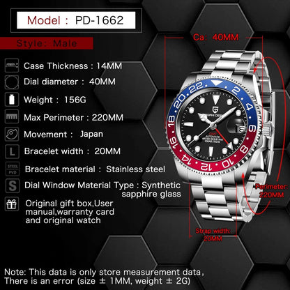 PAGANI DESIGN V3 PD-1662 GMT Watches Men's Luxury Sapphire Automatic Mechanical Watch 40MM Stainless Steel 100M Waterproof Watch