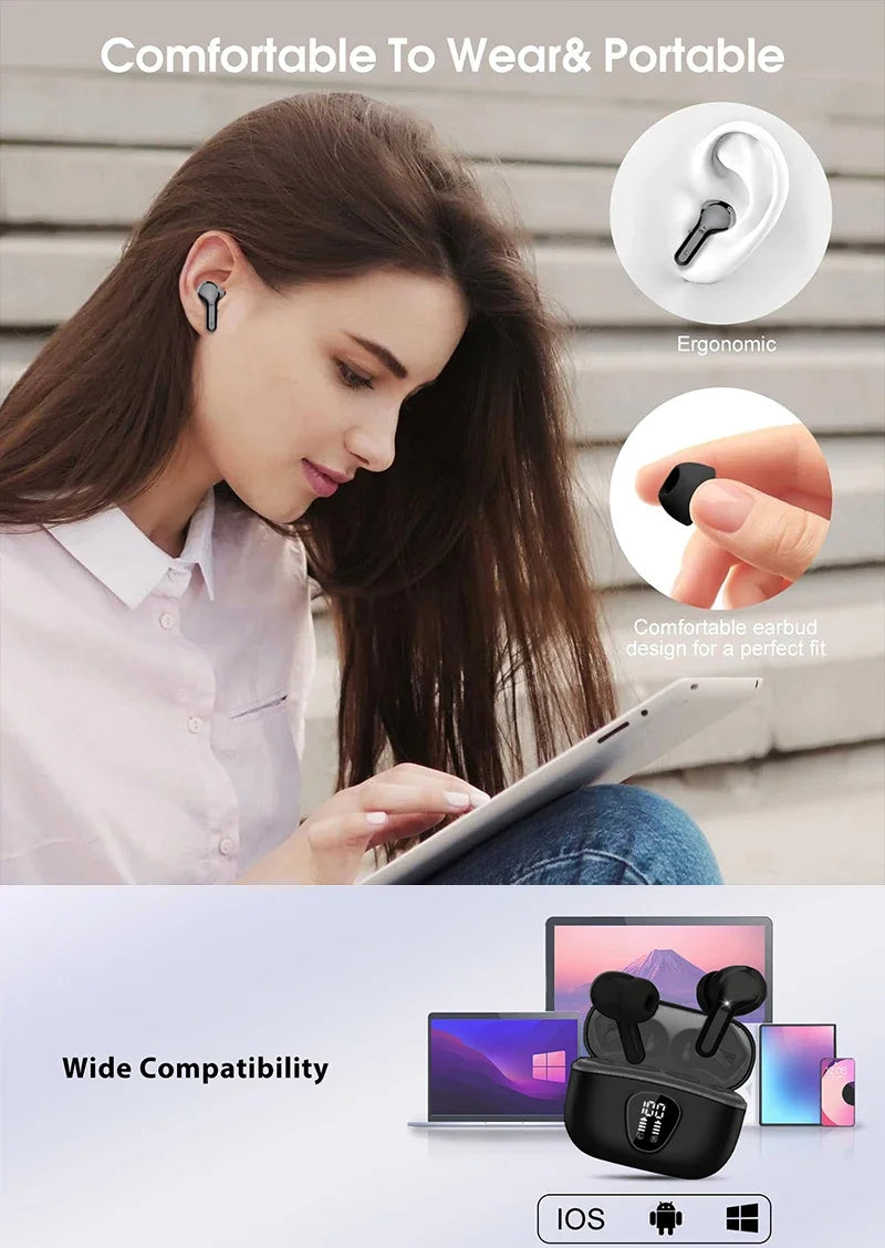 New Wireless Earbuds Bluetooth 5.3 HiFi Stereo Earbuds with ENC Noise Cancelling, IP7 Waterproof, 48H LED Display Charging Case, Deep Bass Wireless Earbuds with Microphone