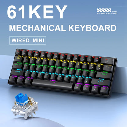 APAYADO K61 60% mini drátová herní mechanická klávesnice Phantom RGB, 61 kláves, červené/modré spínače, ergonomická, přenosná pro PC/notebook